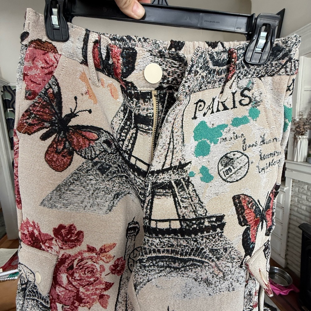 Paris Print Pants with Butterflies and Roses